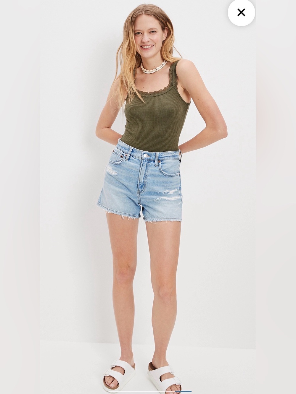American Eagle Outfitters Olive Green Ribbed Lace-Trim Bodysuit